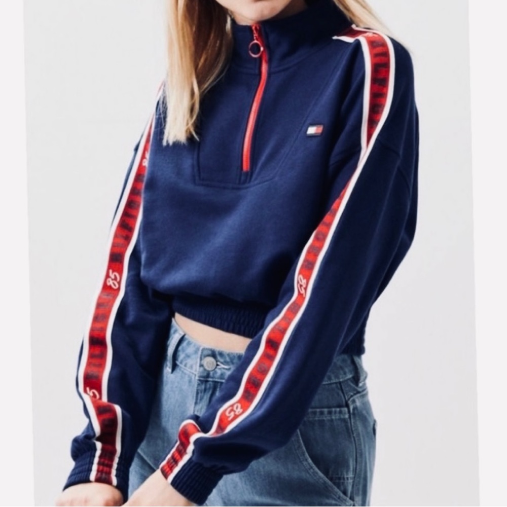 Tommy Hilfiger Cropped Zip Sweatshirt Blue Red White M Patriotic Retro